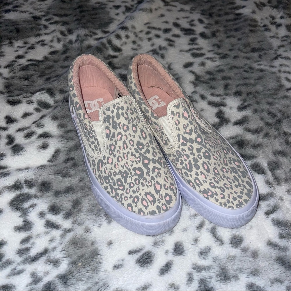 DC Women's Slip-On Sneakers in Cream, Gray & Pink Leopard Print